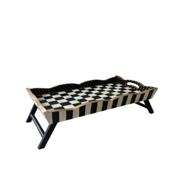 Hand-painted Courtly Check breakfast tray with black and white patterns and folding mango wood legs.