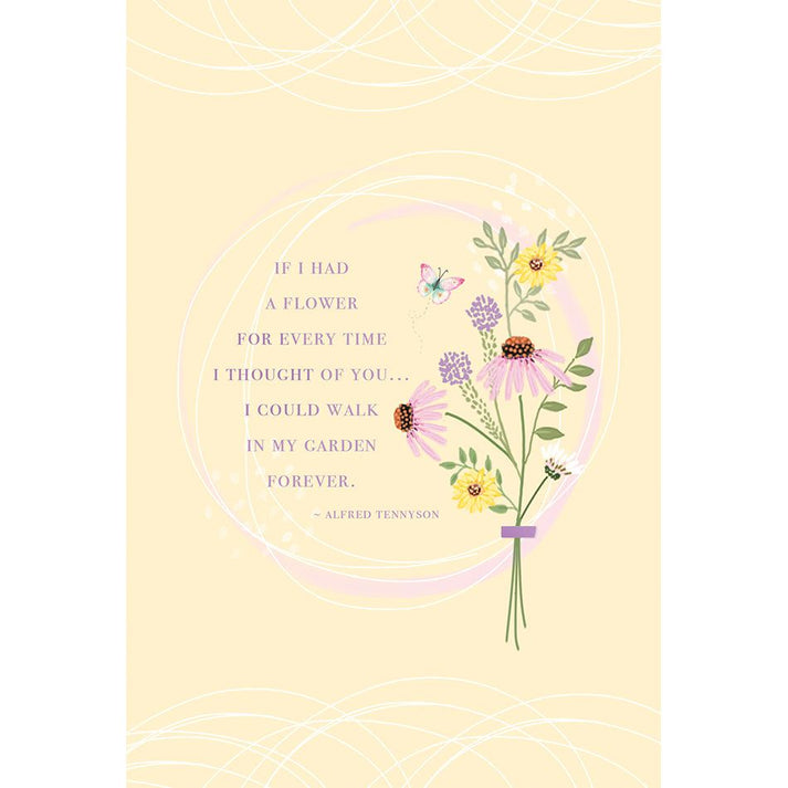 Foil-stamped greeting card featuring a garden scene with the text 'If I had a flower for every time I thought of you' and an inner message.