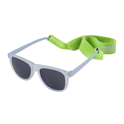 Toddler sunglasses with green and blue plastic frames, UV400 protection, removable neoprene strap, in a gift set.