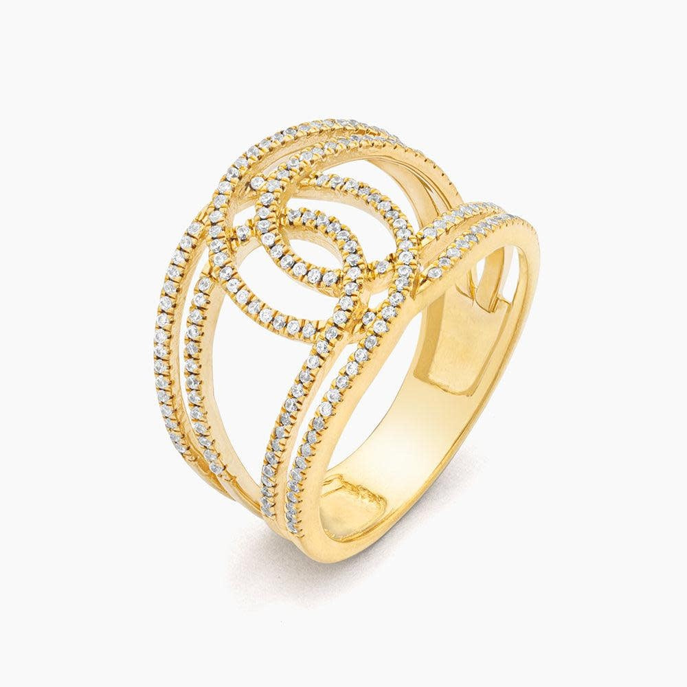 Sterling silver statement ring with a diamond-encrusted loop band in gold plating.