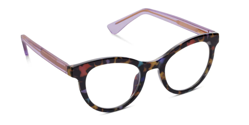 Tribeca eyeglasses with a cat-eye silhouette in wire core-colored temples and patterned frames.