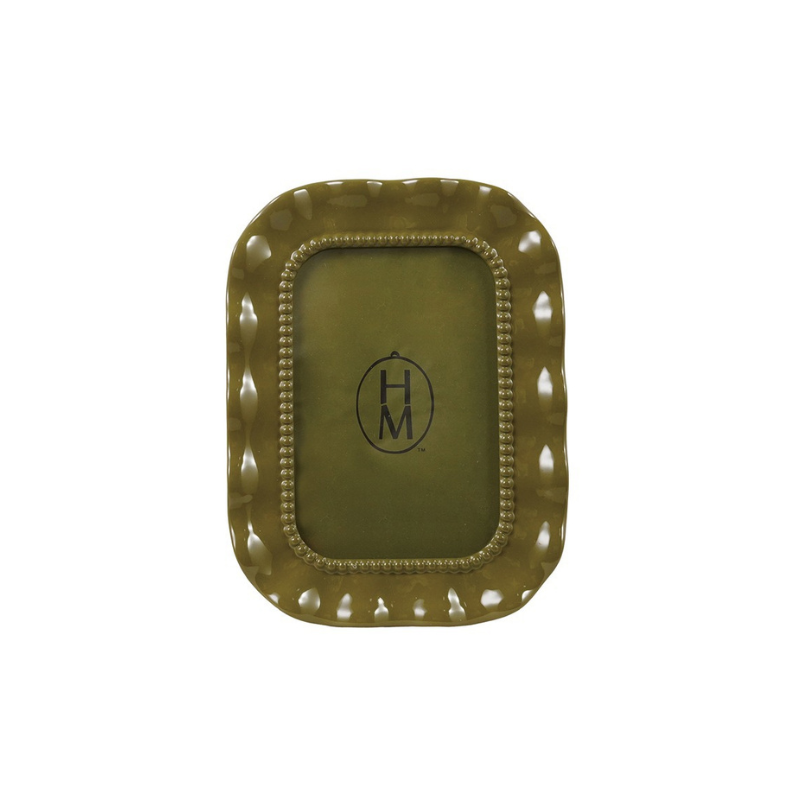 Olive green resin photo frame with wavy edges and bead detailing, 4x6 inches.