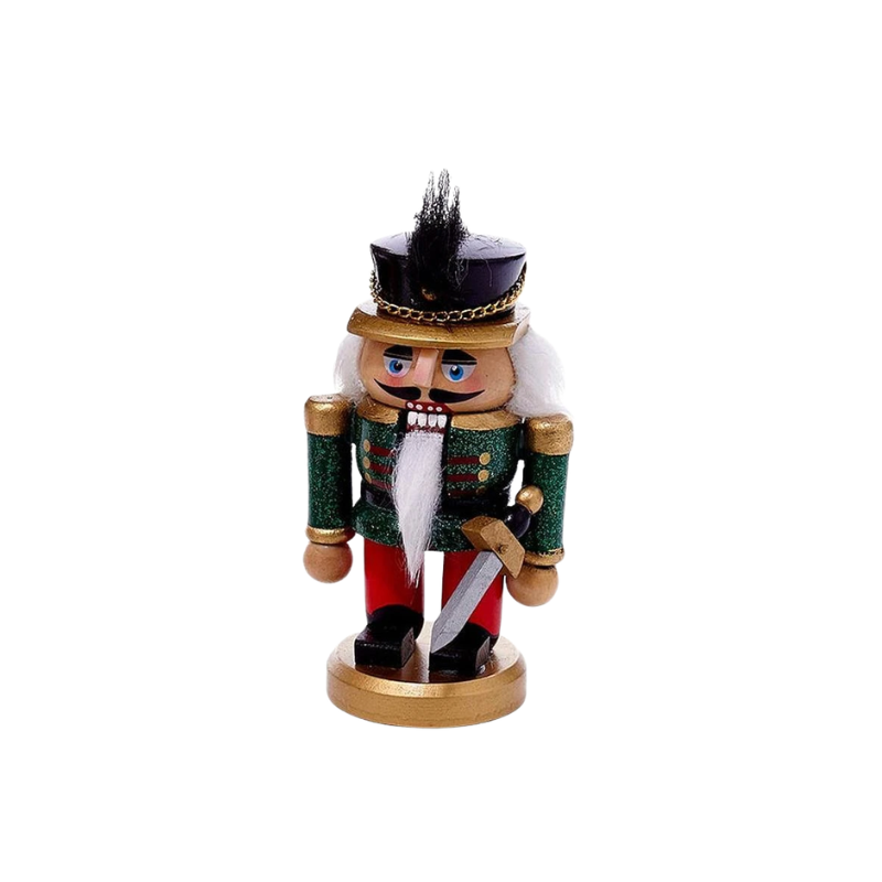 5-inch miniature soldier nutcracker with green glitter jacket, red pants, and a silver sword.