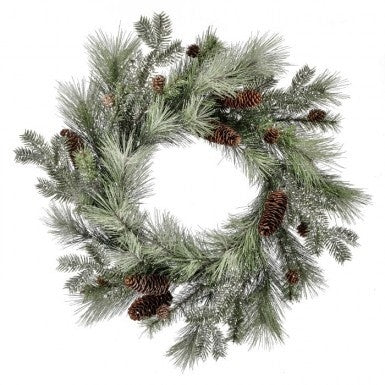 26-inch glitter pine wreath featuring frosted green needles and brown pinecones.