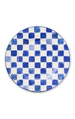Indigo check stoneware dinner plate with a round shape.