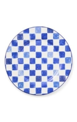 Indigo check stoneware round platter with a handmade ceramic finish.