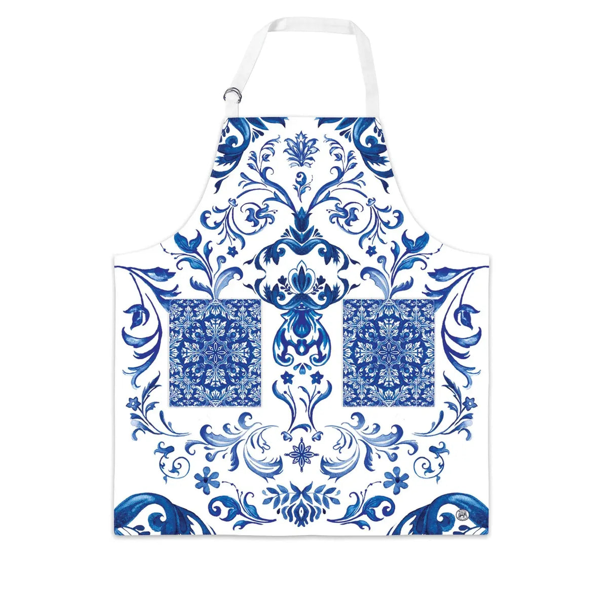 Indigo Seas cotton chef apron with adjustable neck D-rings and front pockets.