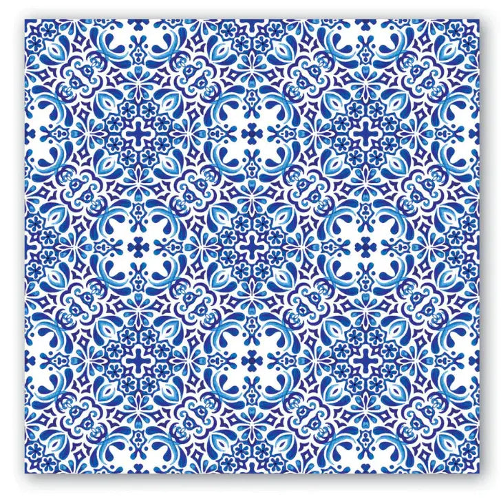 Packaged indigo seas triple-ply luncheon napkins with folded square silhouette.