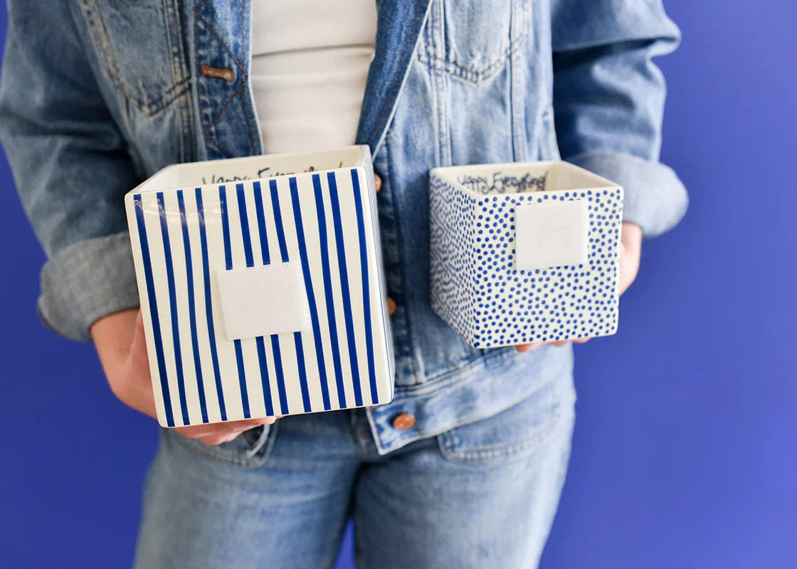 Indigo skinny stripe ceramic mini nesting cube with a medium square silhouette.