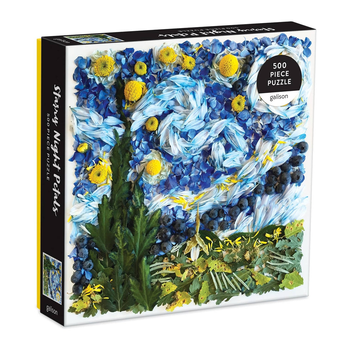 Starry Night Petals puzzle box featuring a dark blue night sky with white stars and glowing flower petals.