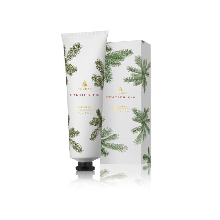 Thymes Frasier Fir Petite Hand Cream tube and matching decorative box with green pine needle design.