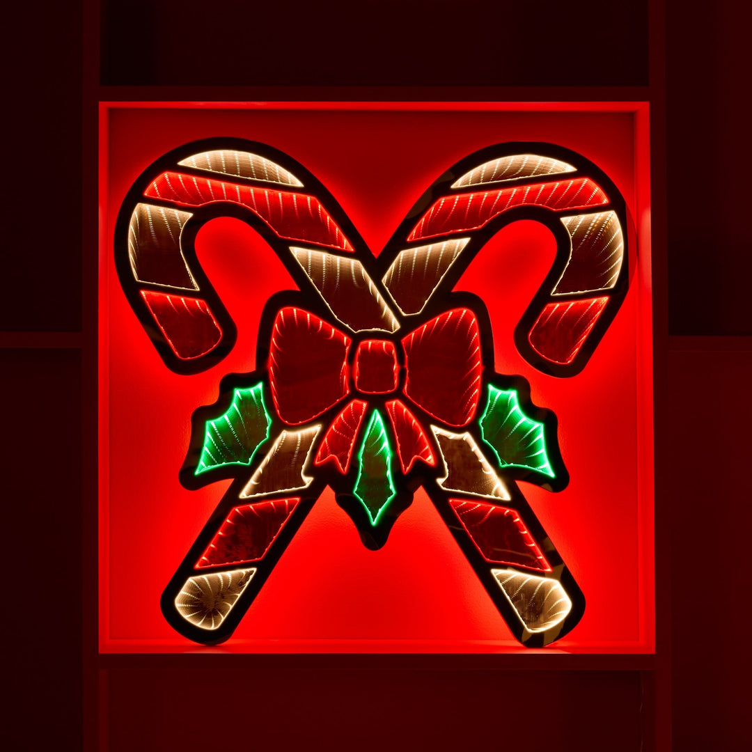 Infinity Double Candy Cane acrylic decoration with red, green, warm white LED lights and holly ribbon accents.