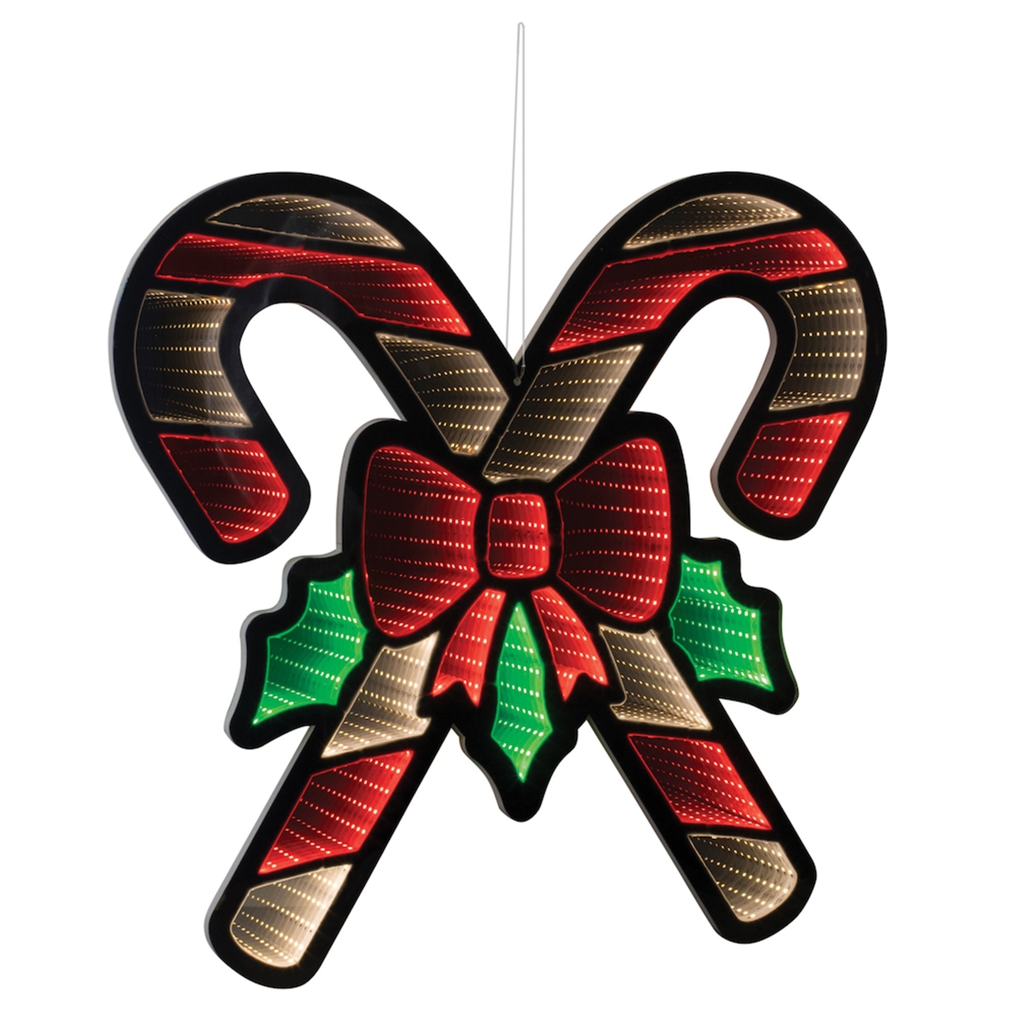 Acrylic Infinity Double Candy Cane decoration with red, green, warm white LED lights and holly ribbon accents.