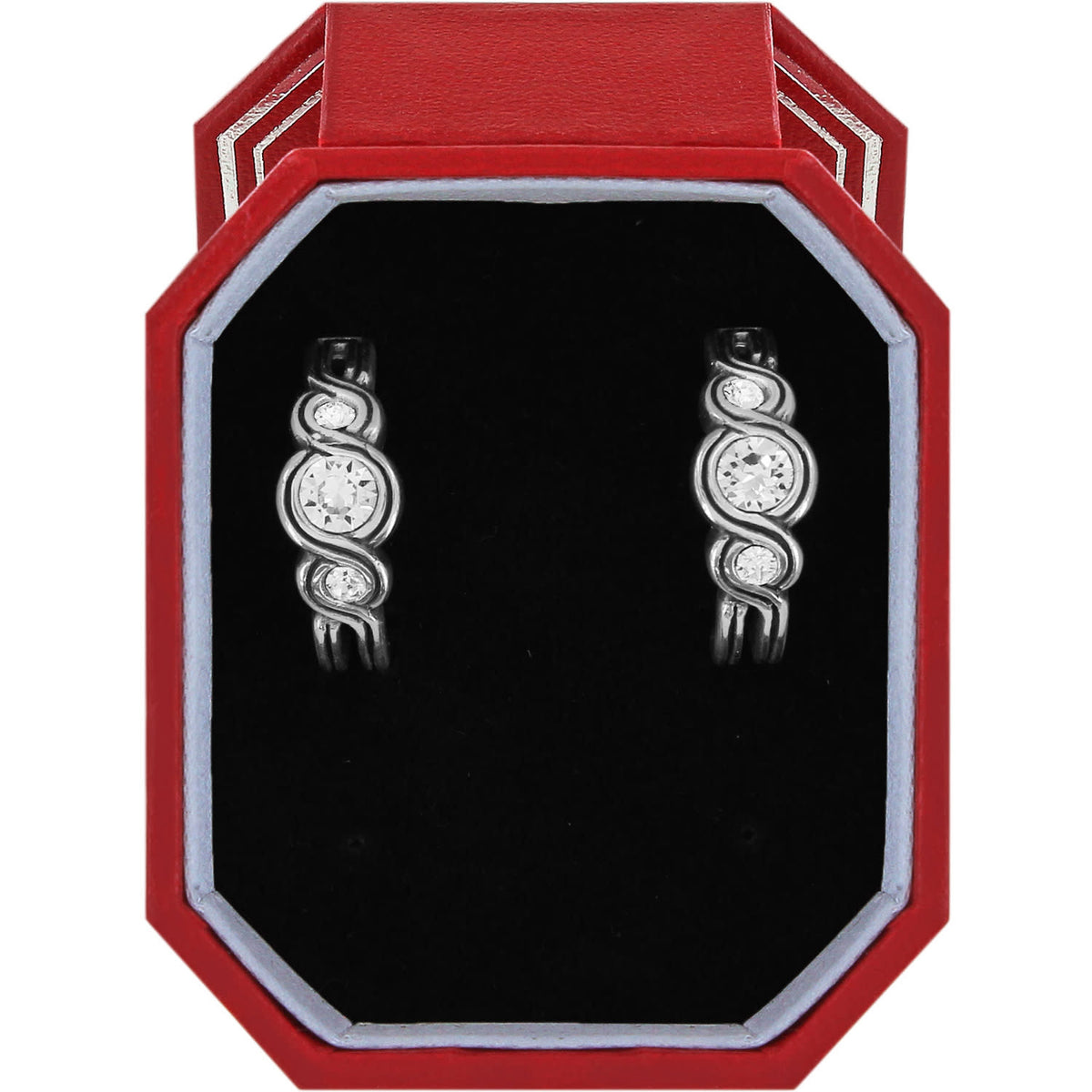 Silver plated leverback hoop earrings featuring fine quality crystal accents in a gift box.