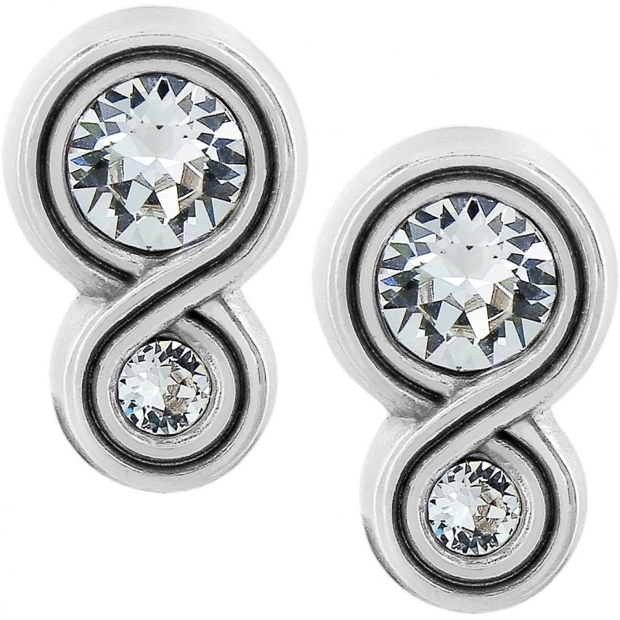 Silver plated post earrings featuring fine crystals in an intertwined infinity-shaped frame.