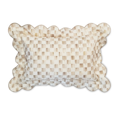Reversible scalloped lumbar throw pillow in cotton with a check pattern.