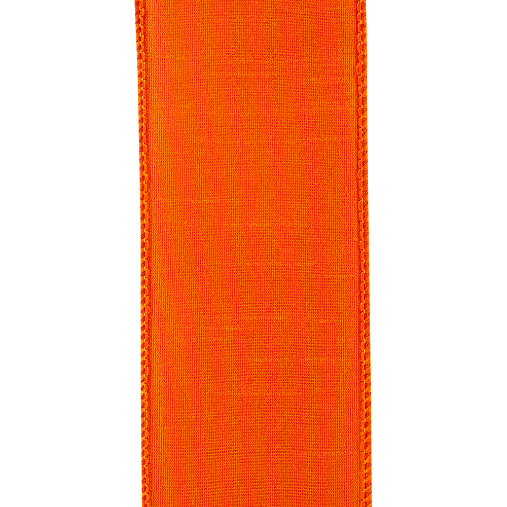 2-1/2 inch tangerine orange Dupioni ribbon with wired edges and a textured fabric finish.