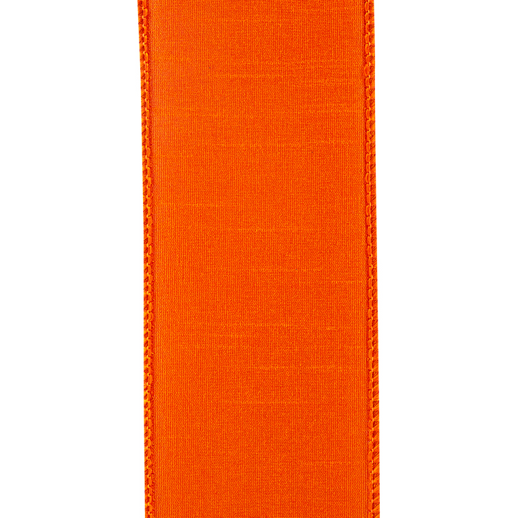 2-1/2 inch tangerine orange Dupioni ribbon with wired edges and a textured fabric finish.