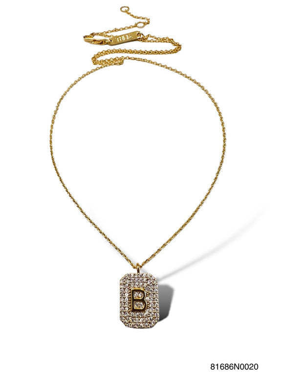 Gold initial pave tag necklace pendant with sparkling pavé-set letter on sleek rectangular silhouette