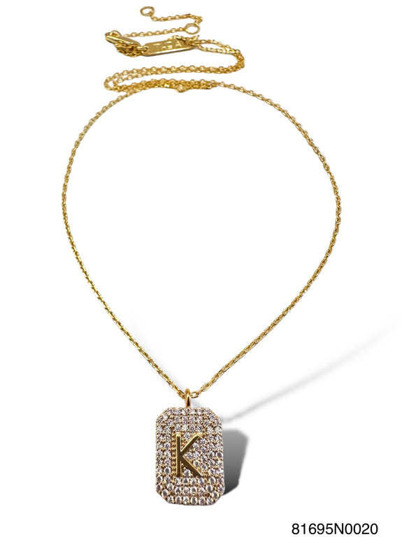 Gold initial pave tag necklace pendant with sparkling pavé-set letter on sleek rectangular silhouette