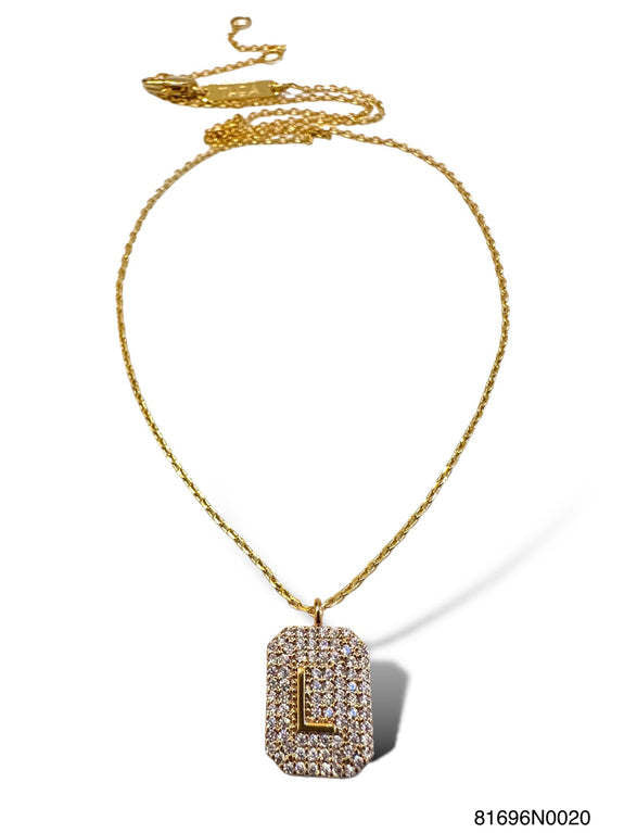 Gold initial pave tag necklace with a sparkling pavé-set letter pendant on a sleek chain.