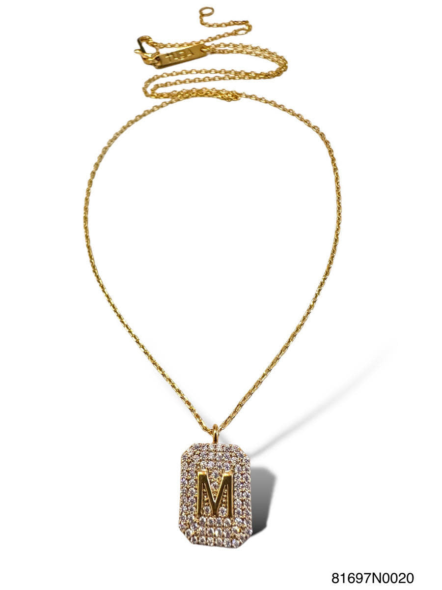 Gold initial pave tag necklace pendant with a sparkling pavé-set letter on a sleek rectangular bail.