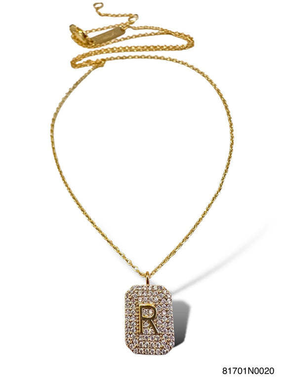 Gold initial pave tag necklace pendant with a sparkling pavé-set letter on a sleek rectangular bar.