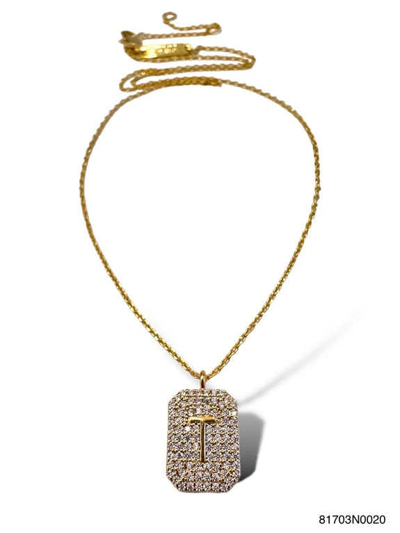 Gold initial pave tag necklace pendant with sparkling pavé-set letter on sleek rectangular silhouette.