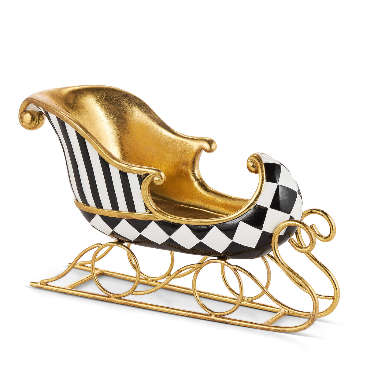 14.5-inch black and white checkered sleigh with gold interior and gold wire runners.