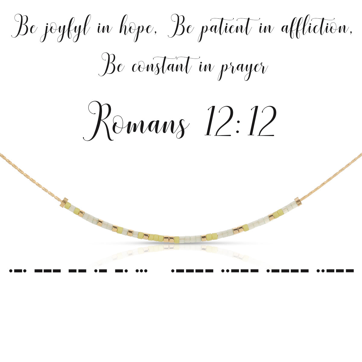 Matte chartreuse green crystal cut necklace with pale gold finish featuring Morse code Romans 12:12 pendant.