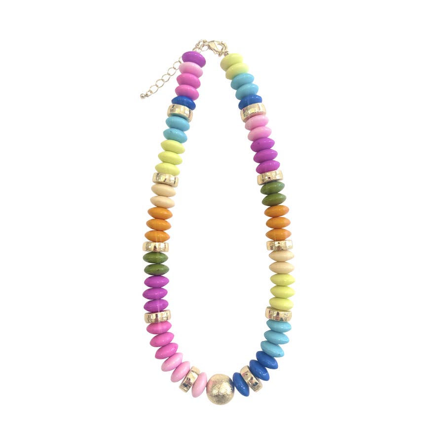 Tobie Beaded Disc Necklace featuring colorful stone discs and 18k gold-plated bead accents.