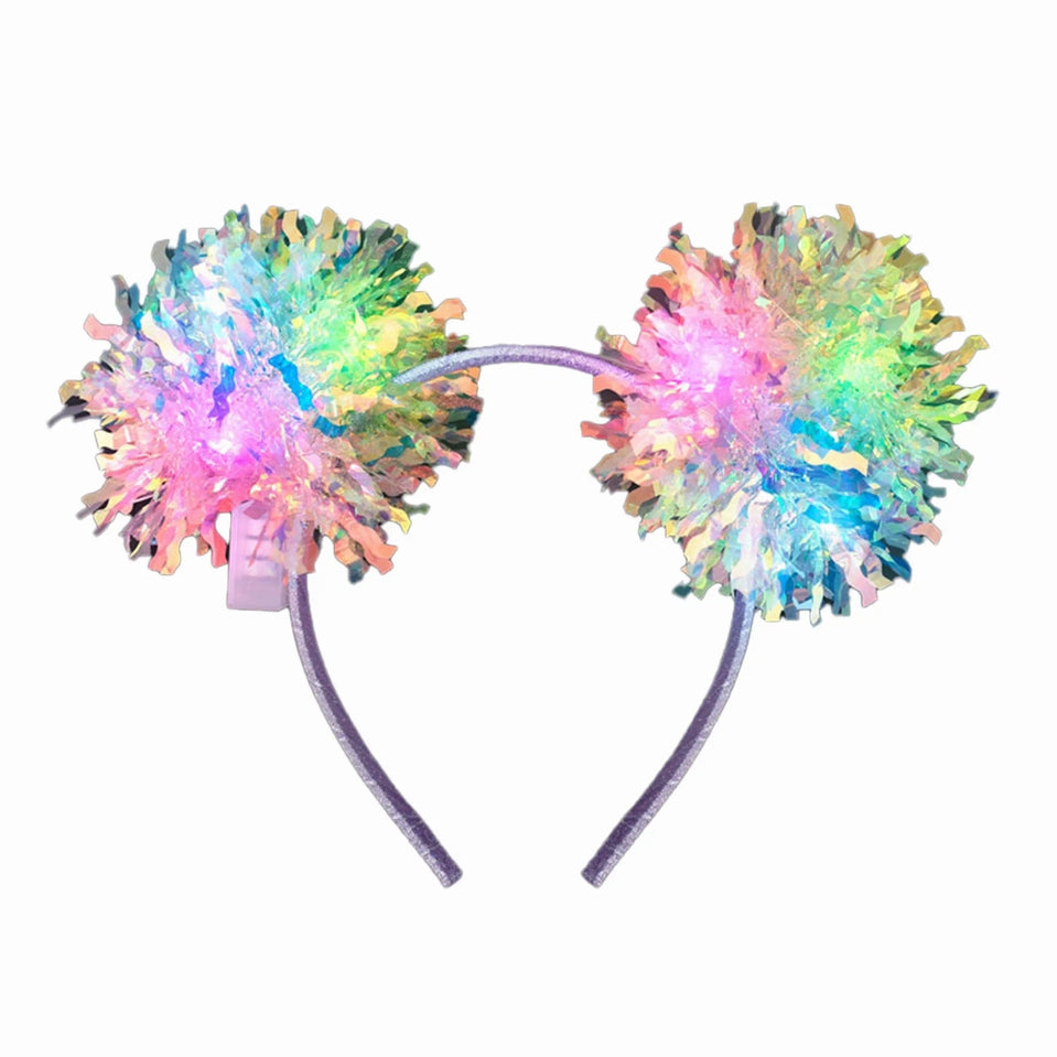 Light up crinkle tinsel pom pom headband with multicolored glowing ears and lavender ribbon base.
