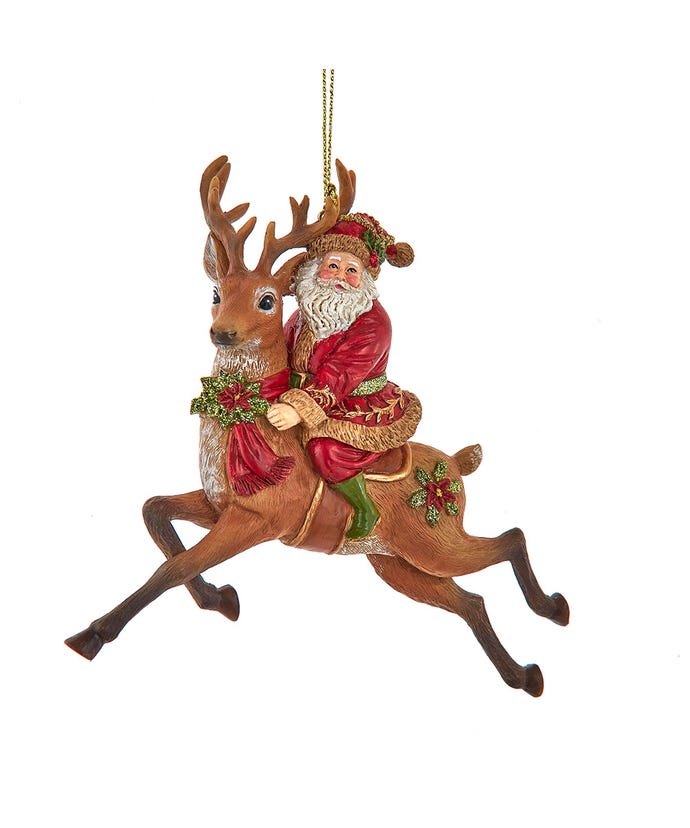 Oversized resin ornament of Santa in a red suit riding a flying reindeer with a red scarf.