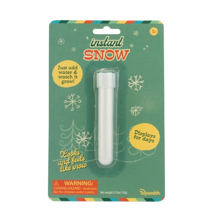 Plastic tube filled with white fake snow powder mix.