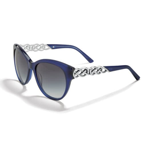 Cat eye sunglasses with silver-plated temples featuring an Interlok braid pattern in blue and silver tones.