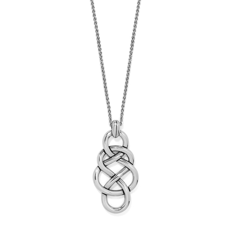 Silver plated Interlok braid pendant necklace on an adjustable chain with a lobster claw closure.