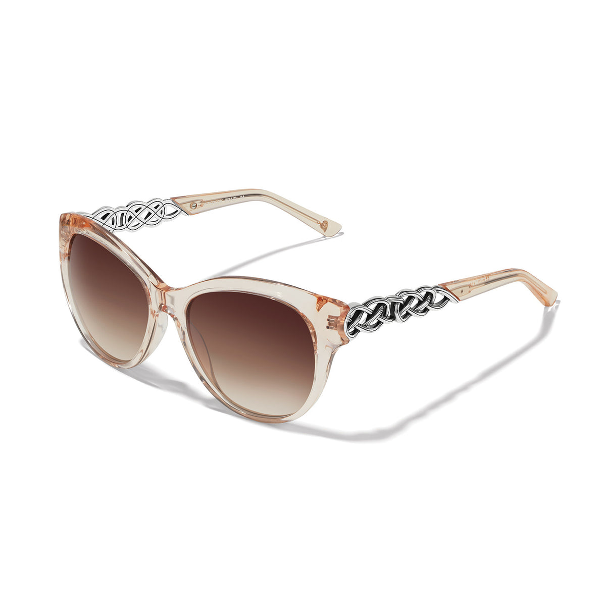 Rosewater cat eye sunglasses with silver plated accents and an interlok braid pattern on the temples.