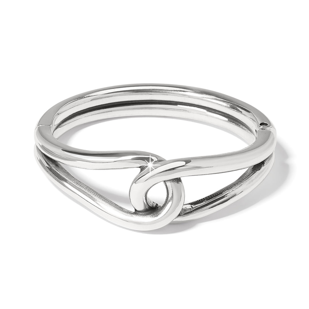 Silver hinged bangle with two interlocking smooth loops