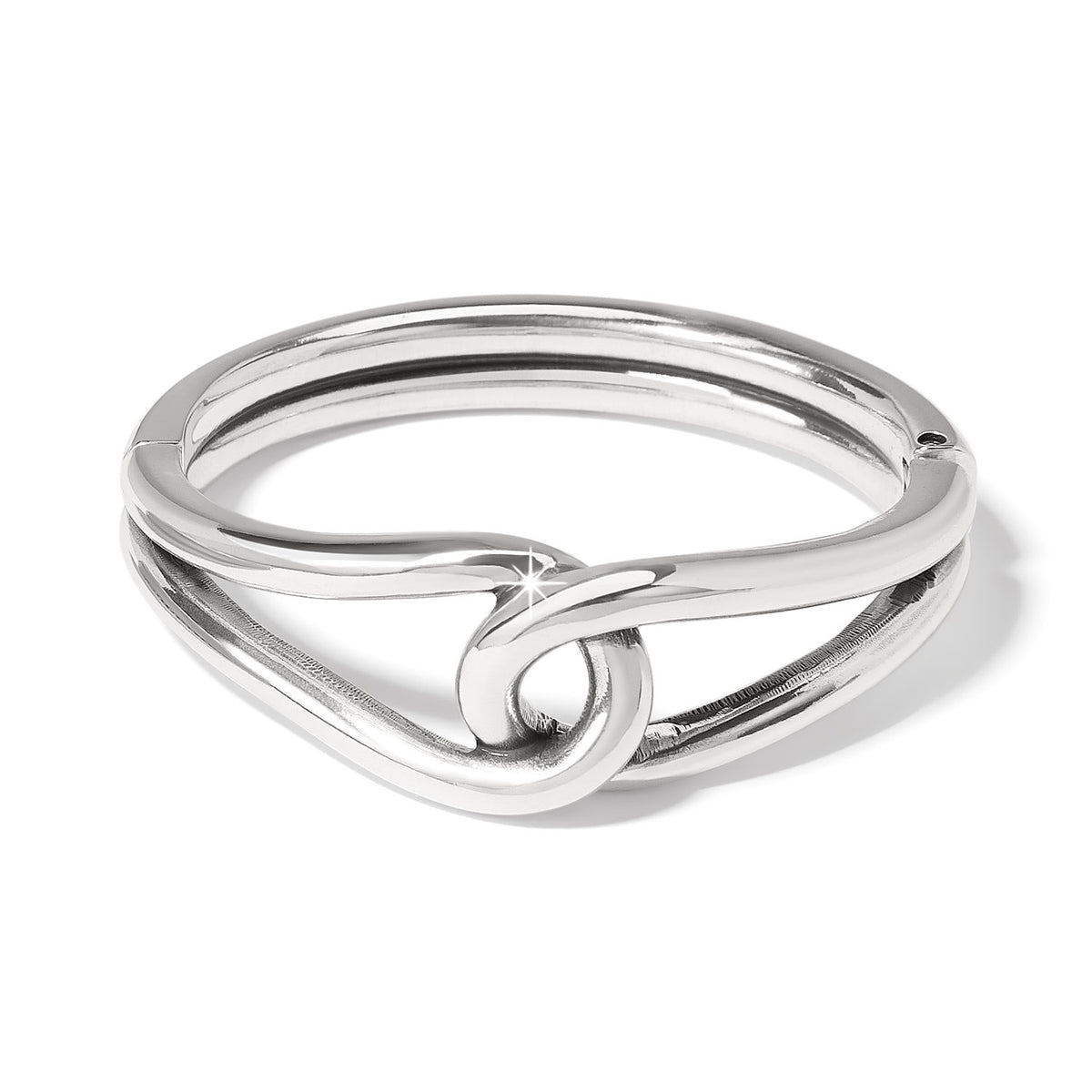 Silver hinged bangle with two interlocking smooth loops