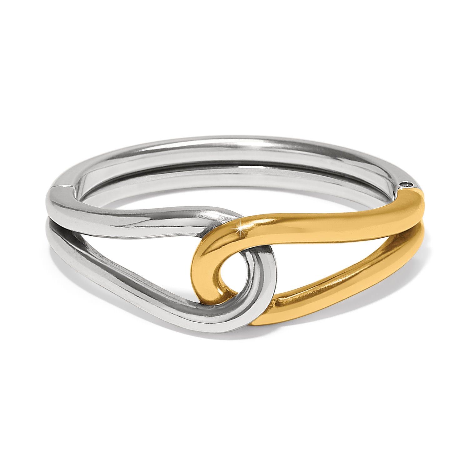 Silver-gold two-tone hinged bangle with a curved silhouette.