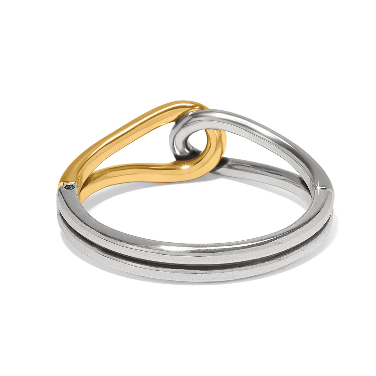 Silver-gold two-tone hinged bangle with a curved silhouette.