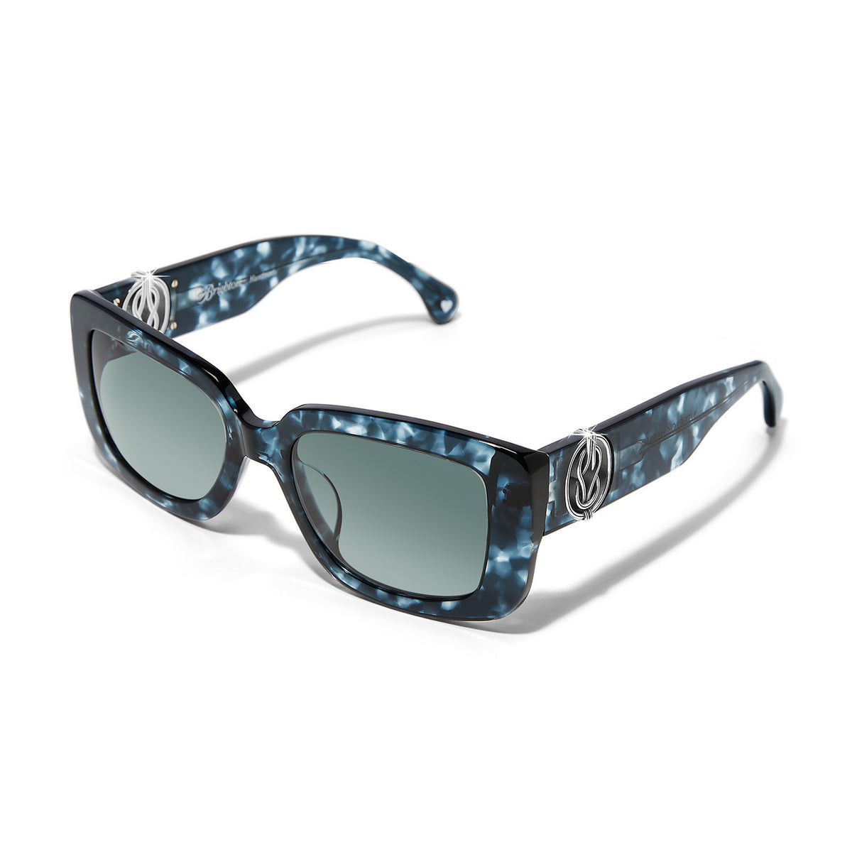 Interlok Harmony square sunglasses with wide silver-plated rims in mottled blue crush tortoise-shell pattern.