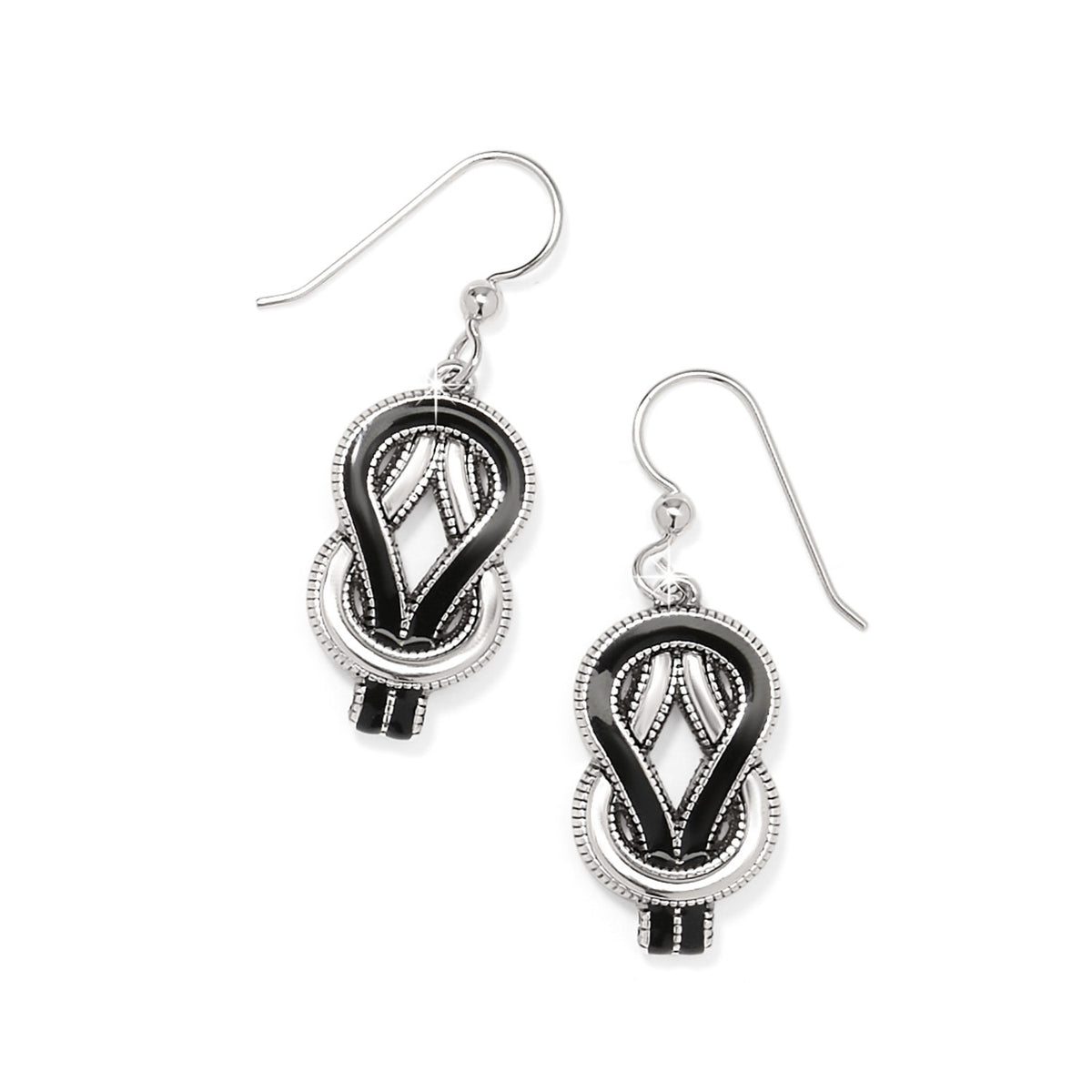 Silver plated French wire earrings featuring Celtic knot patterns with a drop length of one inch.