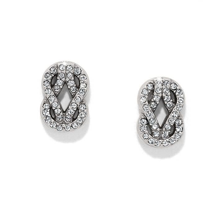Silver plated post earrings with flat disc backs featuring an interlocked crystal pattern.