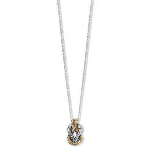 Two-tone silver and gold adjustable pendant necklace with etched Roman Hercules knot silhouette.