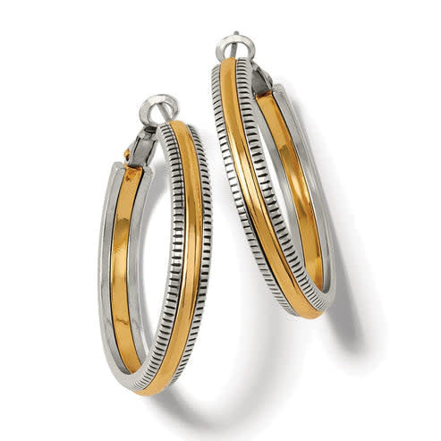 Two-tone gold-silver Interlok Noir Heirlom hoop earrings with fine etched textured lines on the silver edge and post back.