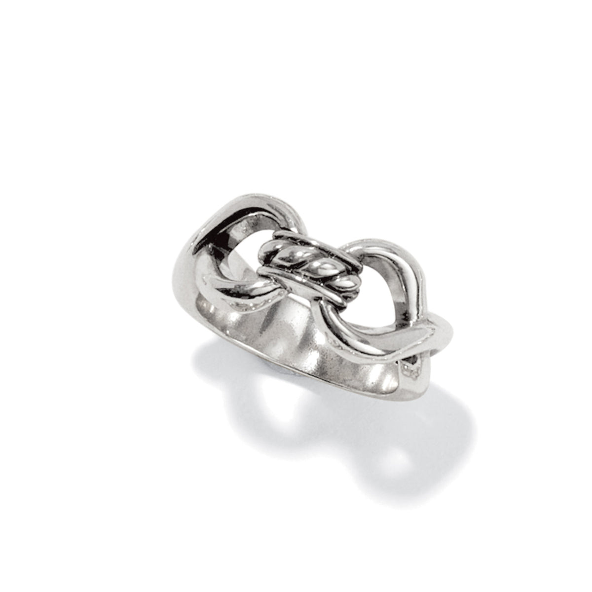 Silver plated Interlok Infinity ring with two merged infinity symbols linked by a stationary roped center design.