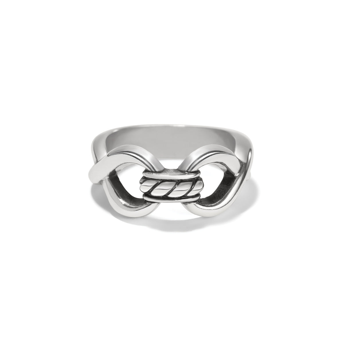Silver plated Interlok Infinity ring with two merged infinity symbols linked by a stationary roped center design.