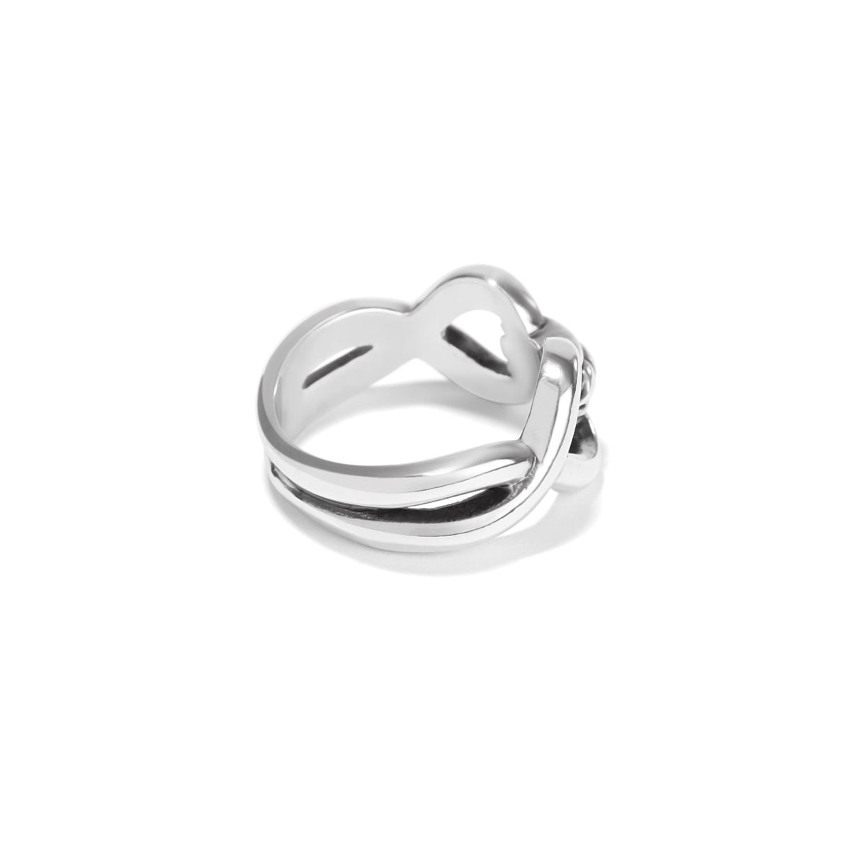 Silver plated Interlok Infinity Ring featuring two merged infinity symbols with a stationary roped center focal point.