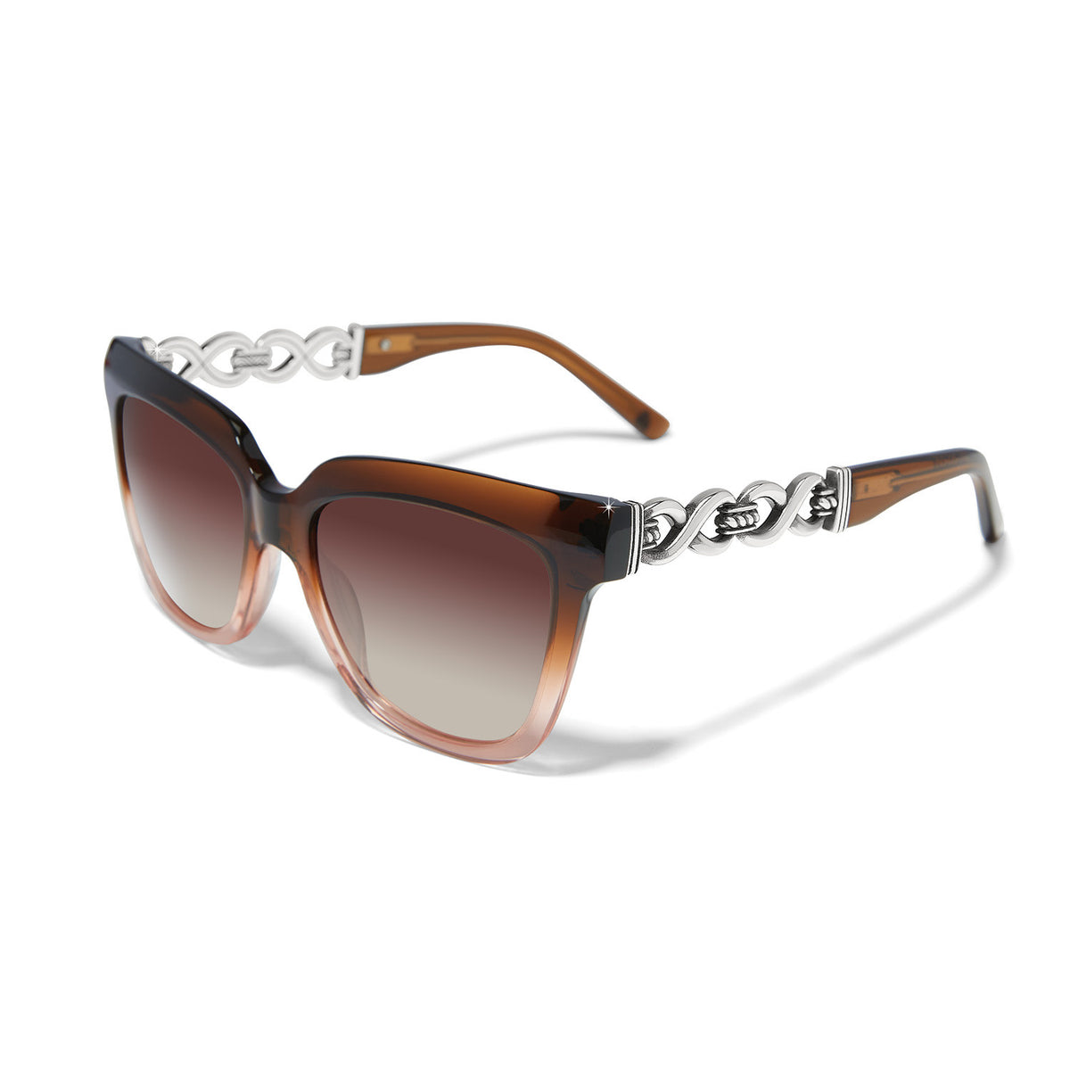 Square tortoise shell sunglasses with silver plated accents featuring an infinity link bridge design.
